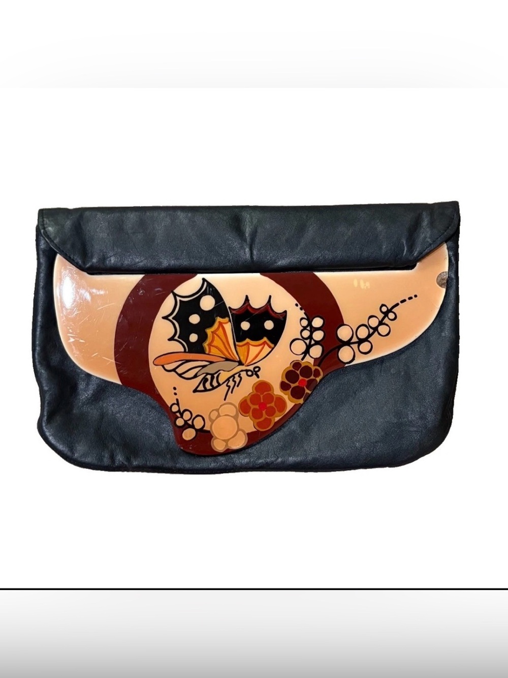 Vtg Patricia Smith MOON BAGS Hand Painted By Lacquer Purse Bag Butterfly *Flaw*